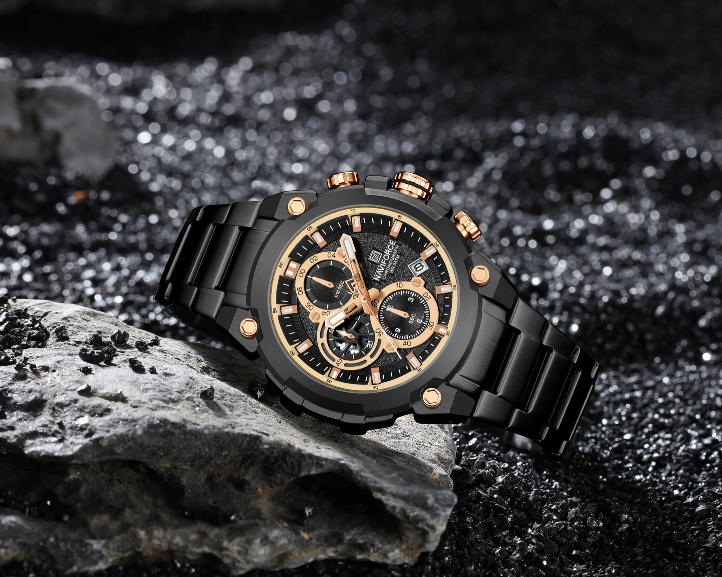 Reloj Naviforce Hombre Negro Oro Rosa NF8071-NEOR