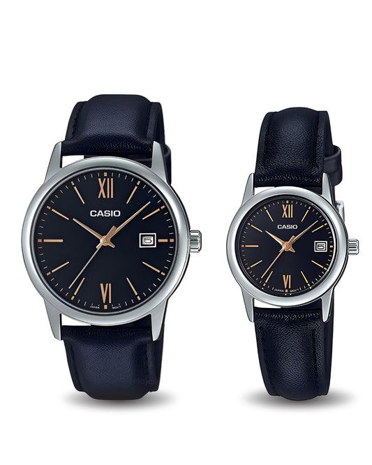 Reloj Casio Pareja Negro Plateado MTP-V002L-1B3-LTP-V002L-1B3