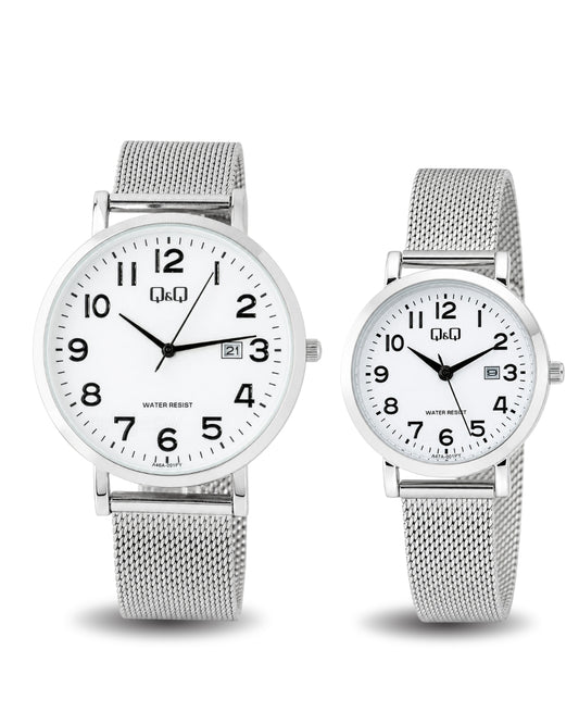 Reloj Q&Q Pareja Plateado Malla A46A001Y-A47A001Y