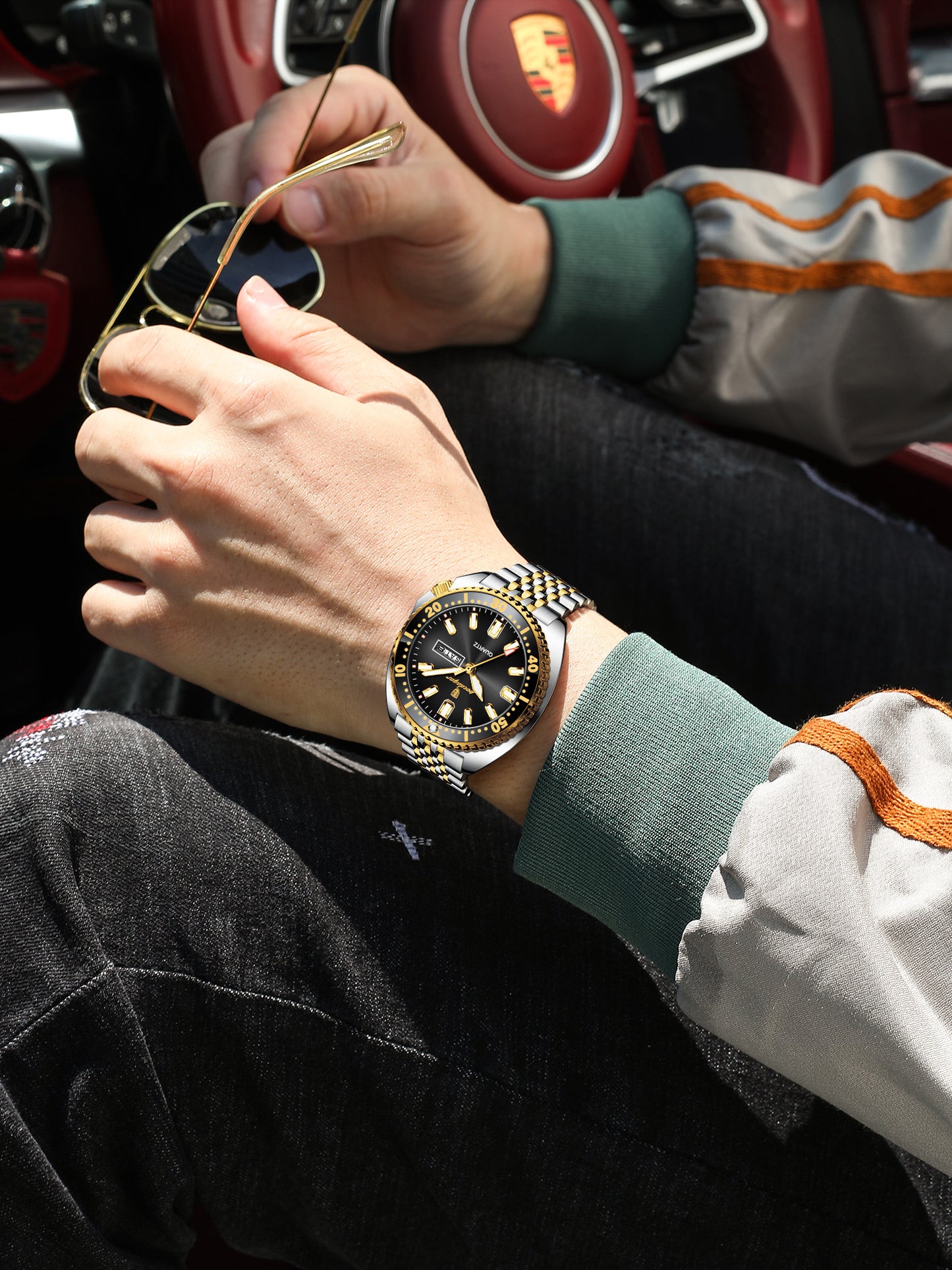 Reloj Poedagar Hombre Original Plateado y Dorado PG-682-BINE