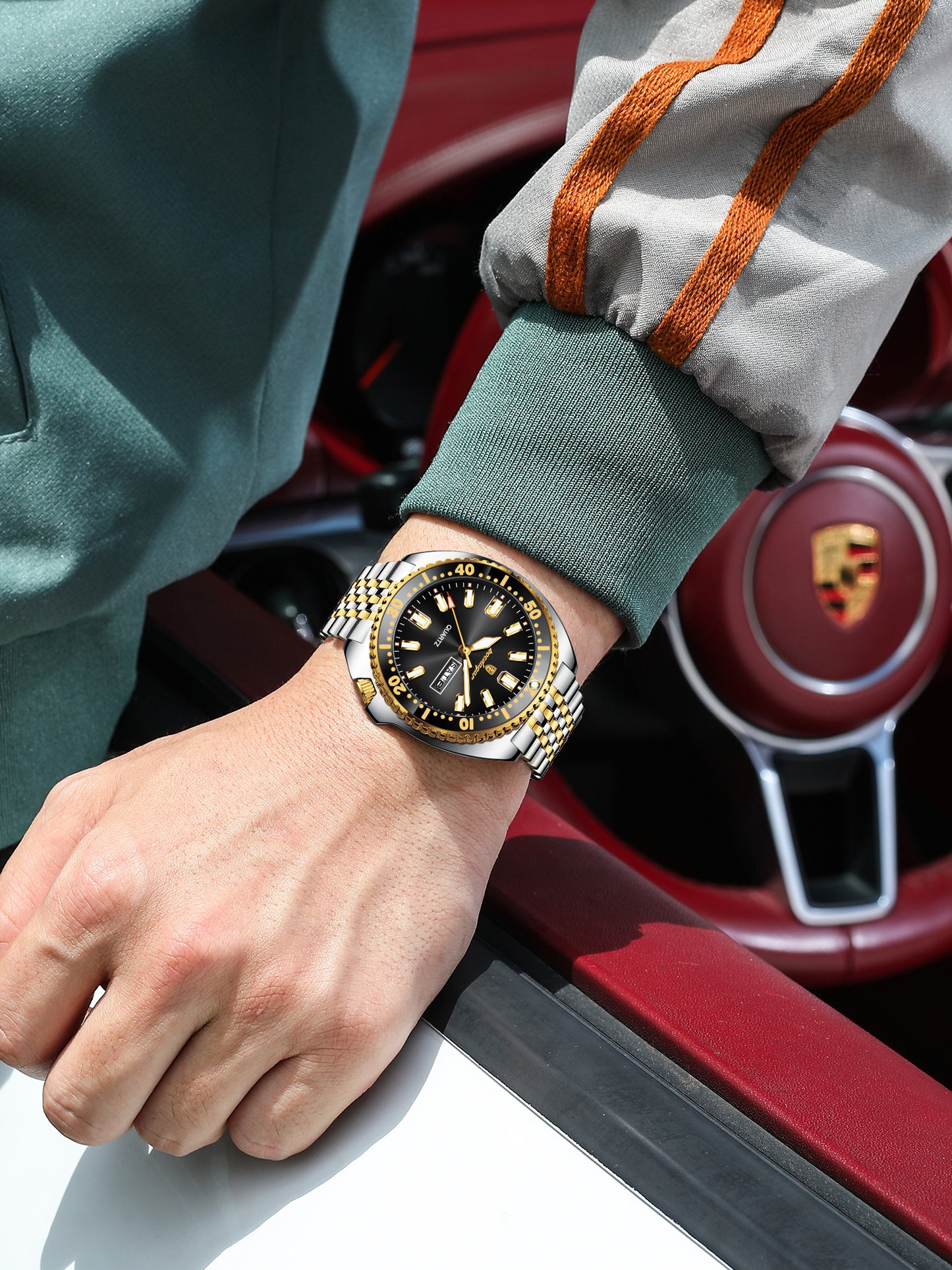 Reloj Poedagar Hombre Original Plateado y Dorado PG-682-BINE