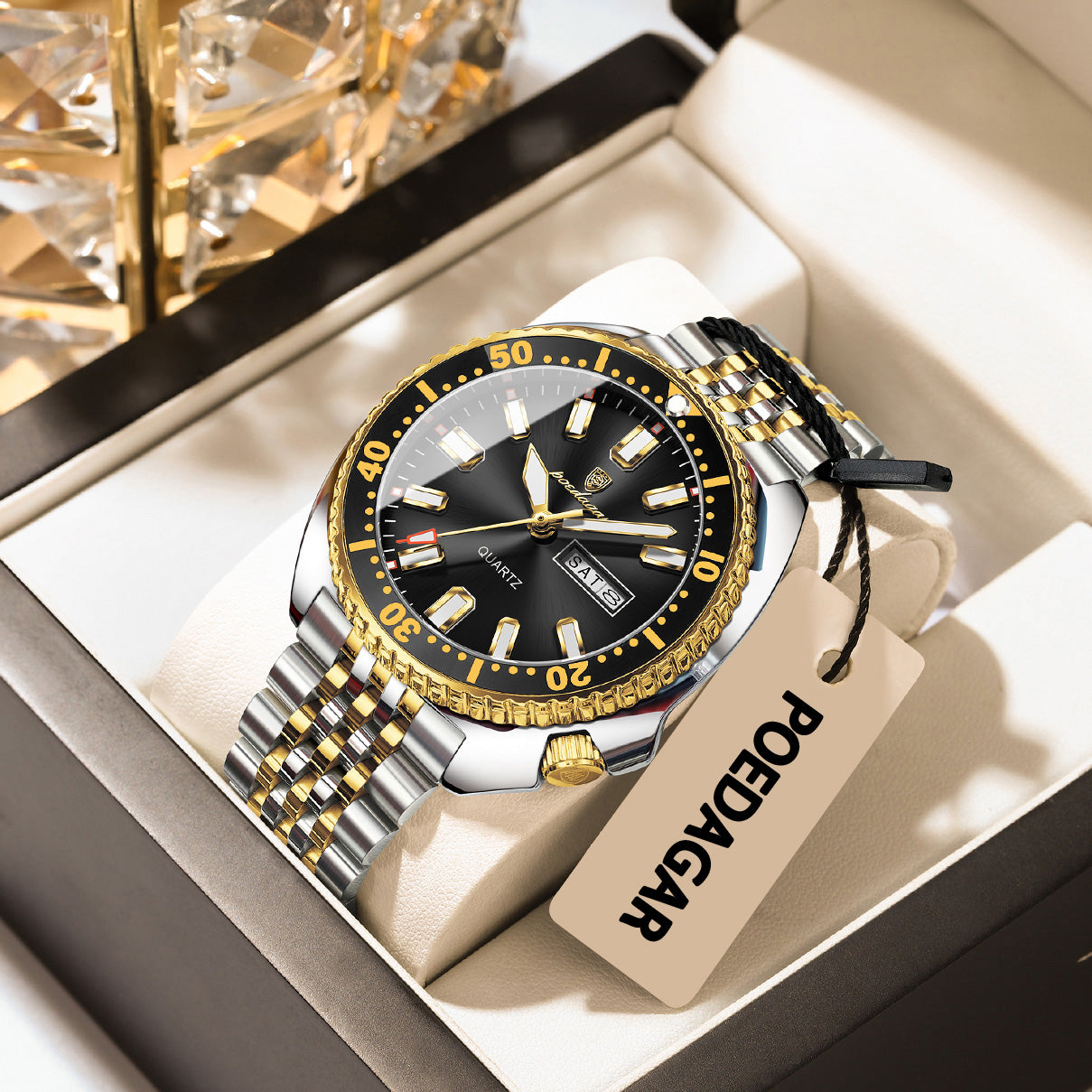 Reloj Poedagar Hombre Original Plateado y Dorado PG-682-BINE