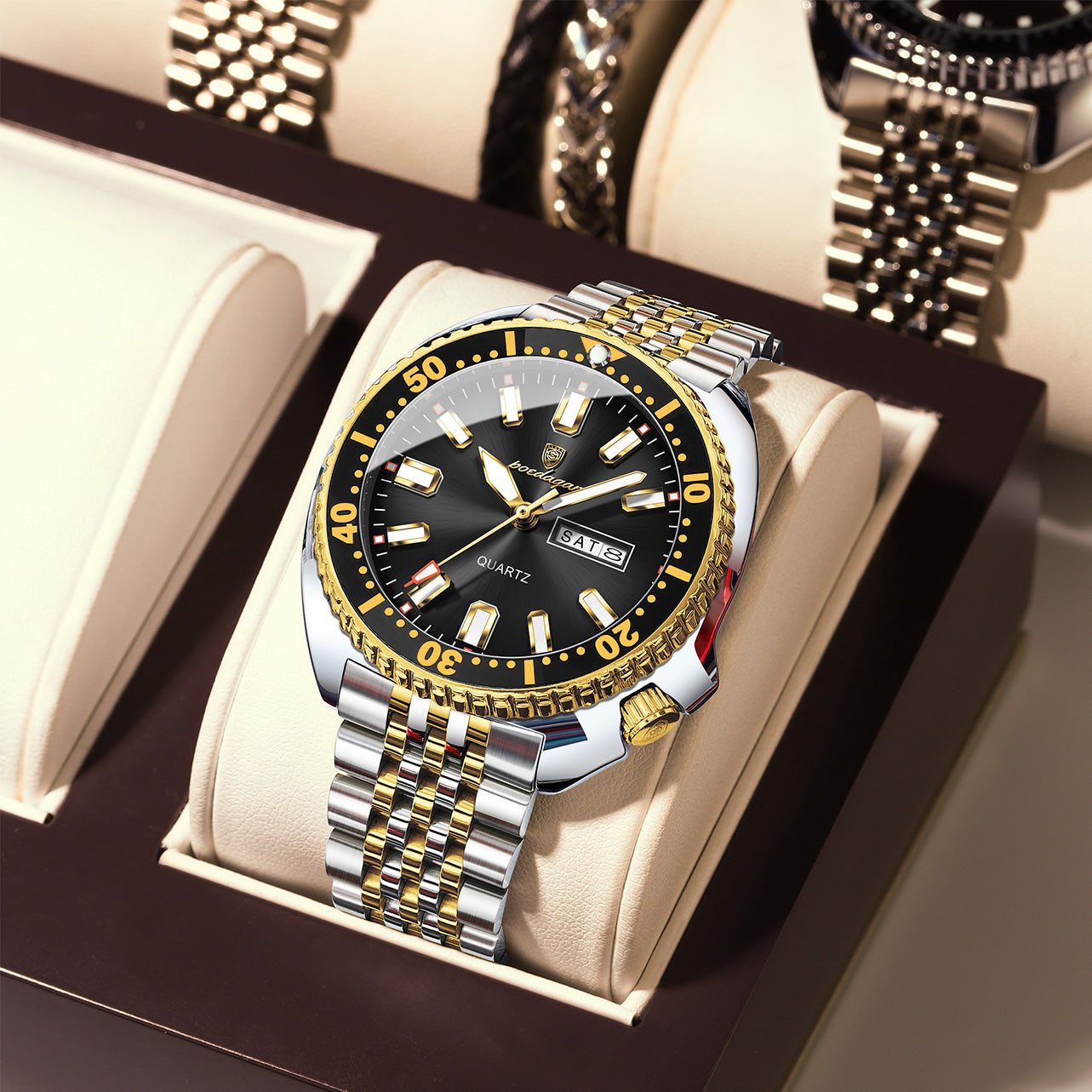 Reloj Poedagar Hombre Original Plateado y Dorado PG-682-BINE