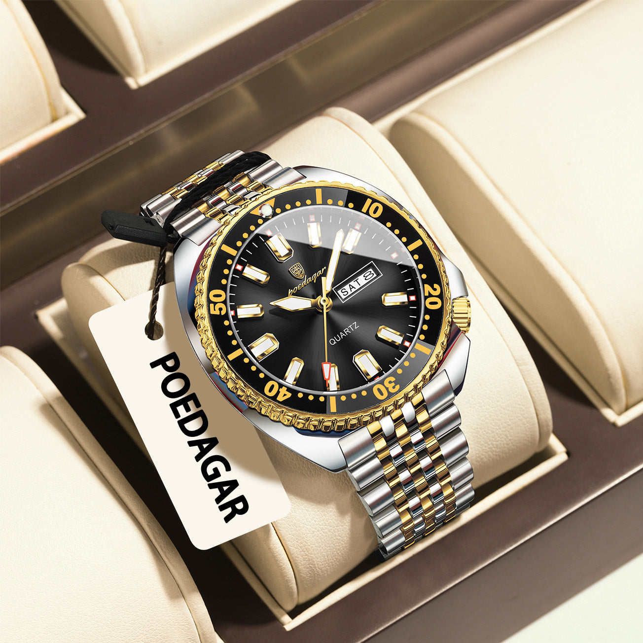 Reloj Poedagar Hombre Original Plateado y Dorado PG-682-BINE