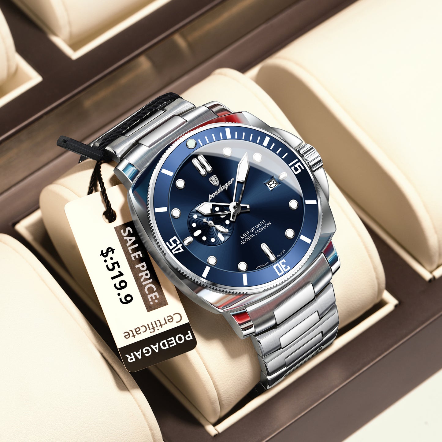 Reloj Poedagar Hombre Original Plateado PG-873-PLAZ