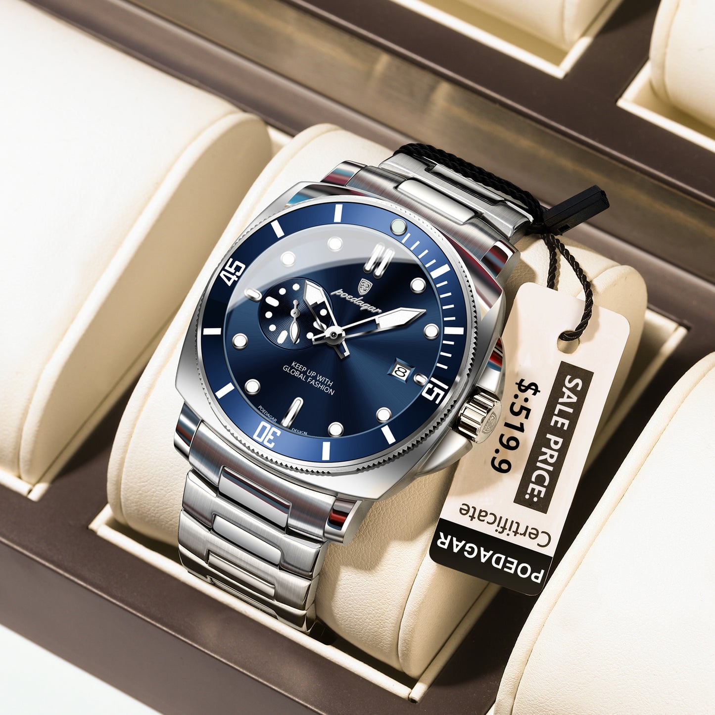 Reloj Poedagar Hombre Original Plateado PG-873-PLAZ