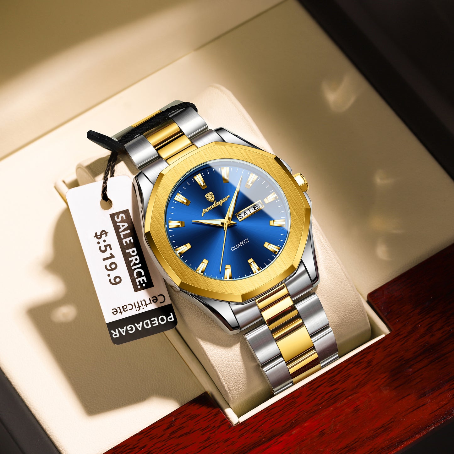 Reloj Poedagar Hombre Original Plateado y Dorado PG-875-BIAZ