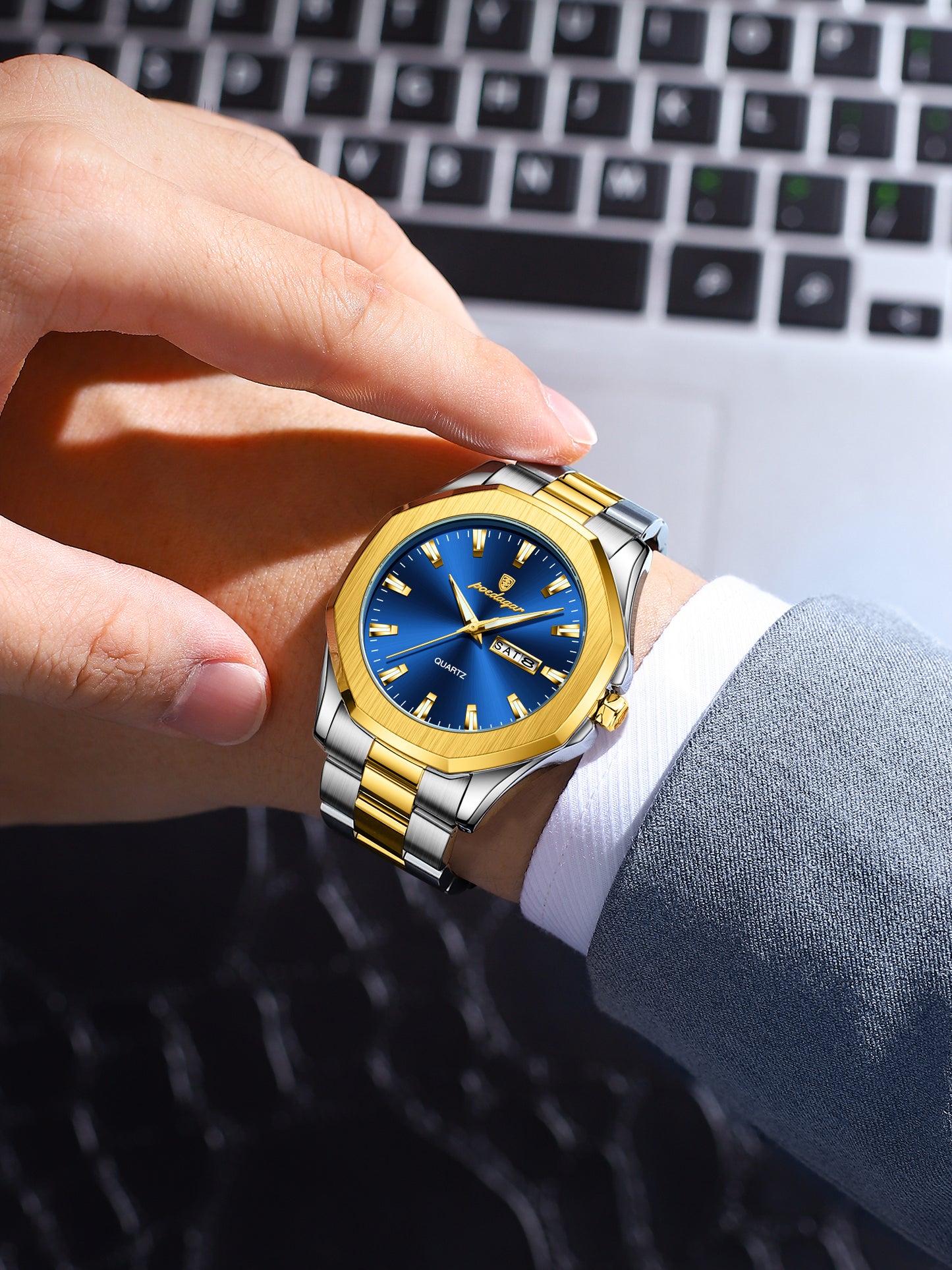 Reloj Poedagar Hombre Original Plateado y Dorado PG-875-BIAZ