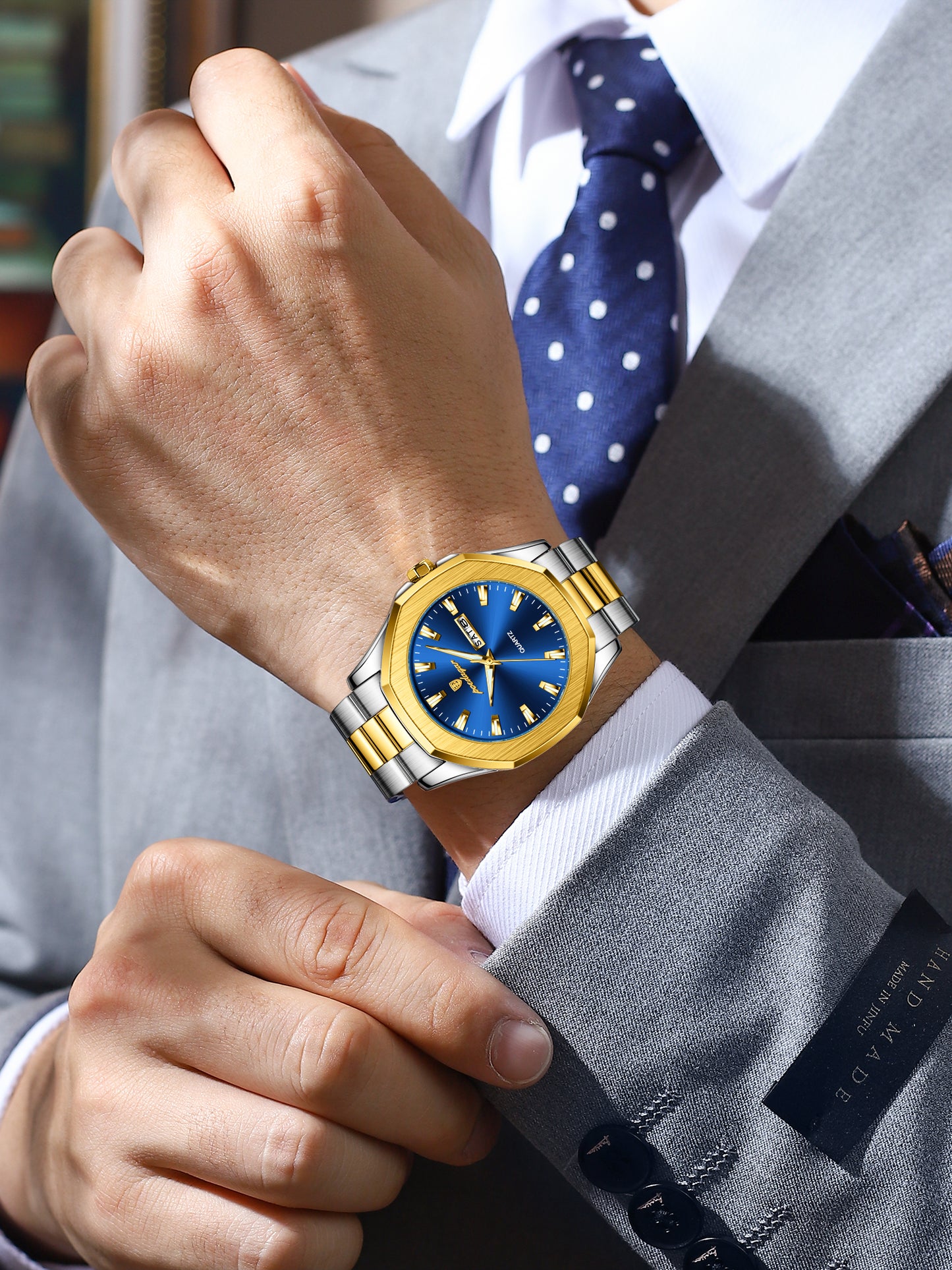 Reloj Poedagar Hombre Original Plateado y Dorado PG-875-BIAZ