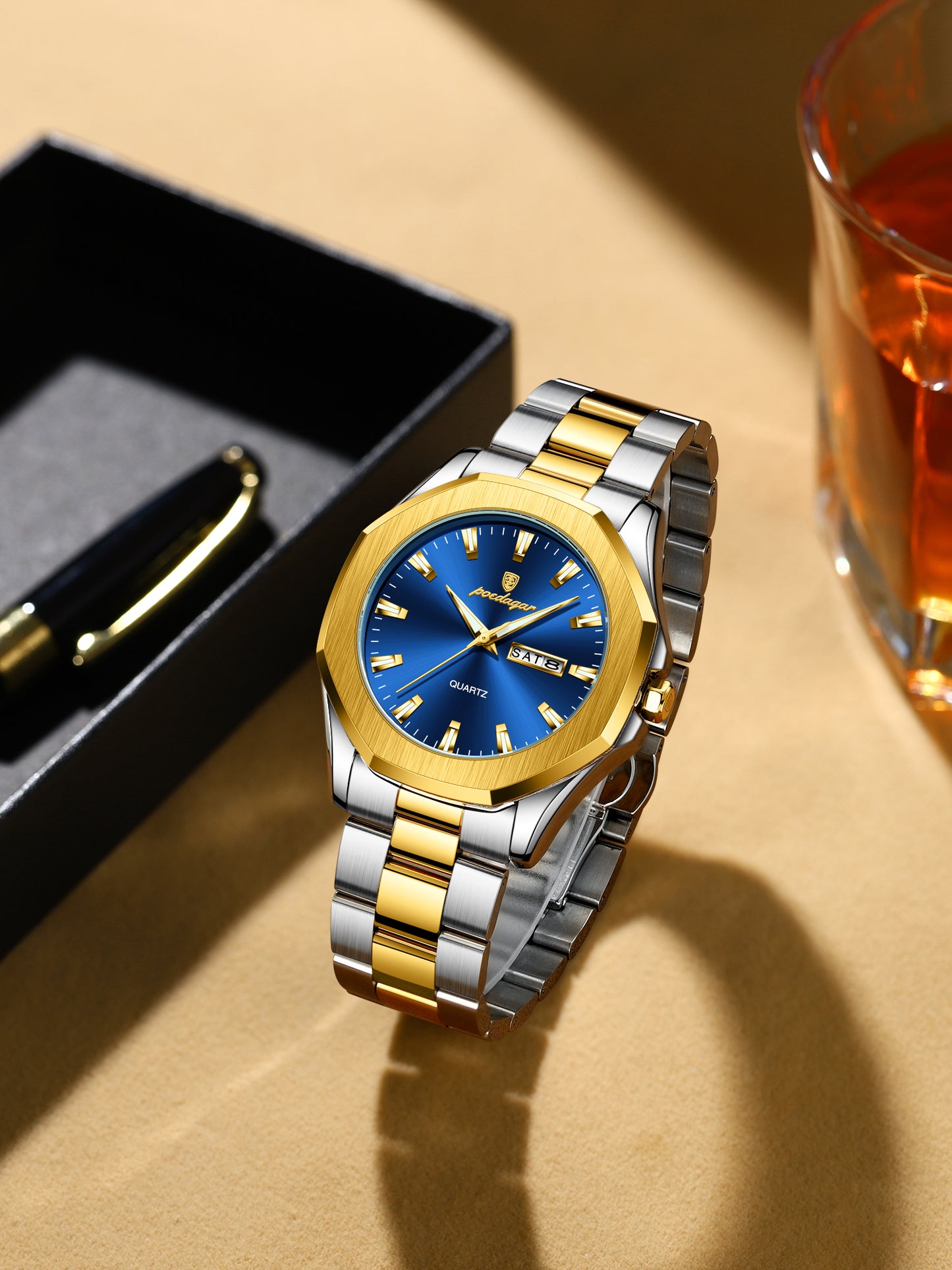 Reloj Poedagar Hombre Original Plateado y Dorado PG-875-BIAZ