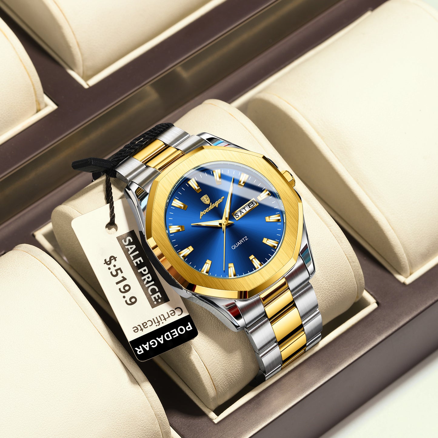 Reloj Poedagar Hombre Original Plateado y Dorado PG-875-BIAZ