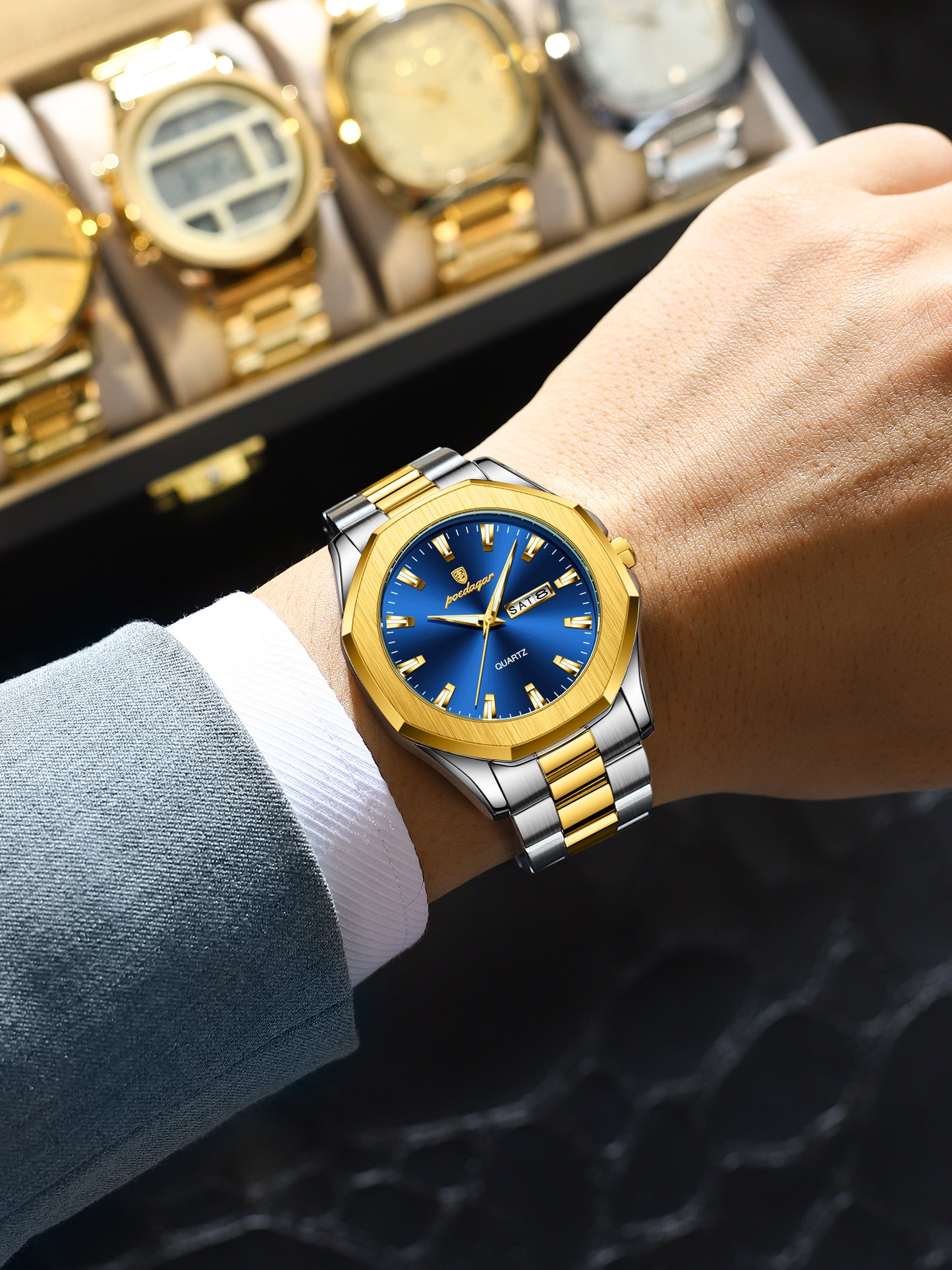 Reloj Poedagar Hombre Original Plateado y Dorado PG-875-BIAZ