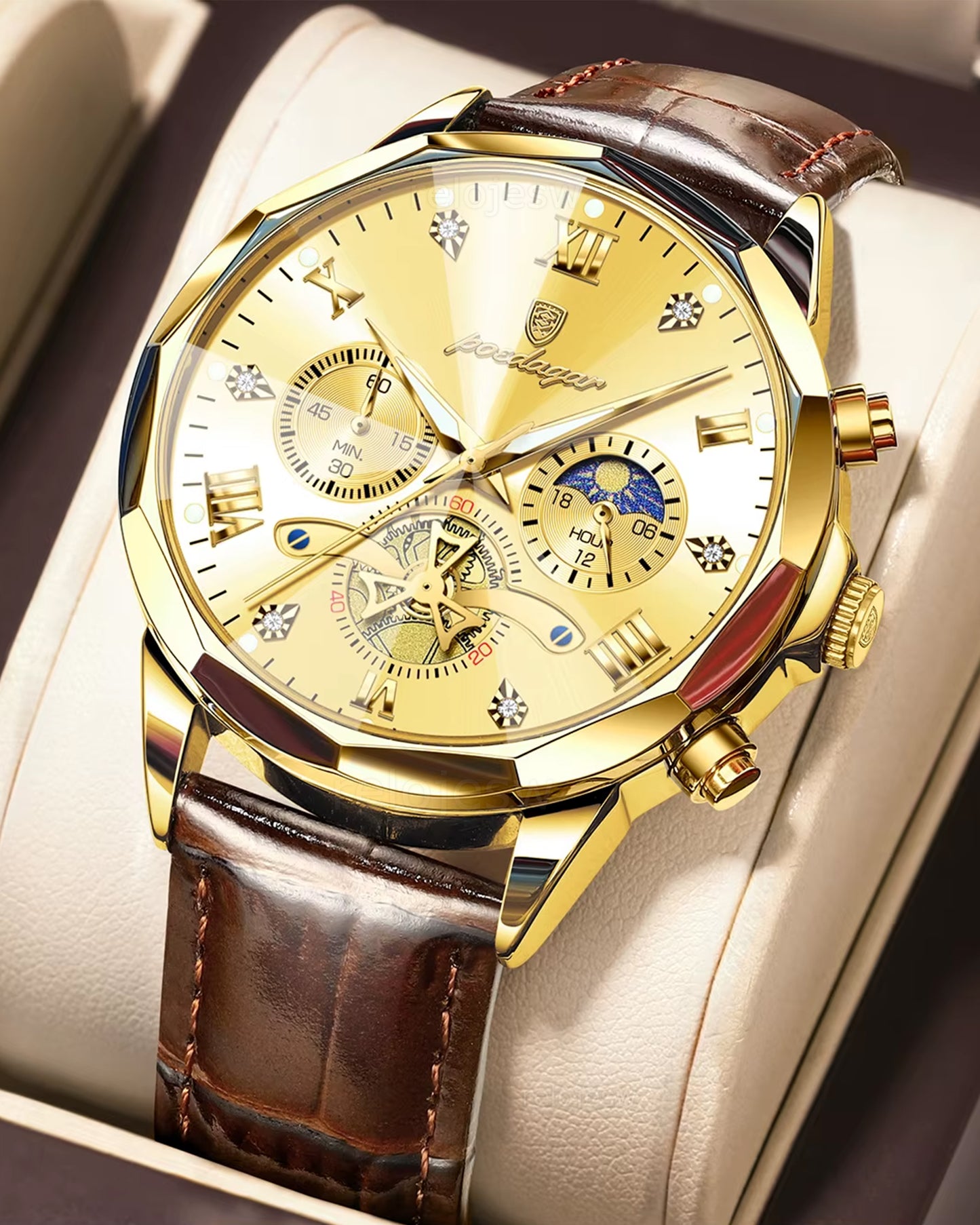 Reloj Poedagar Hombre Original Marrón PG-938B-MADO