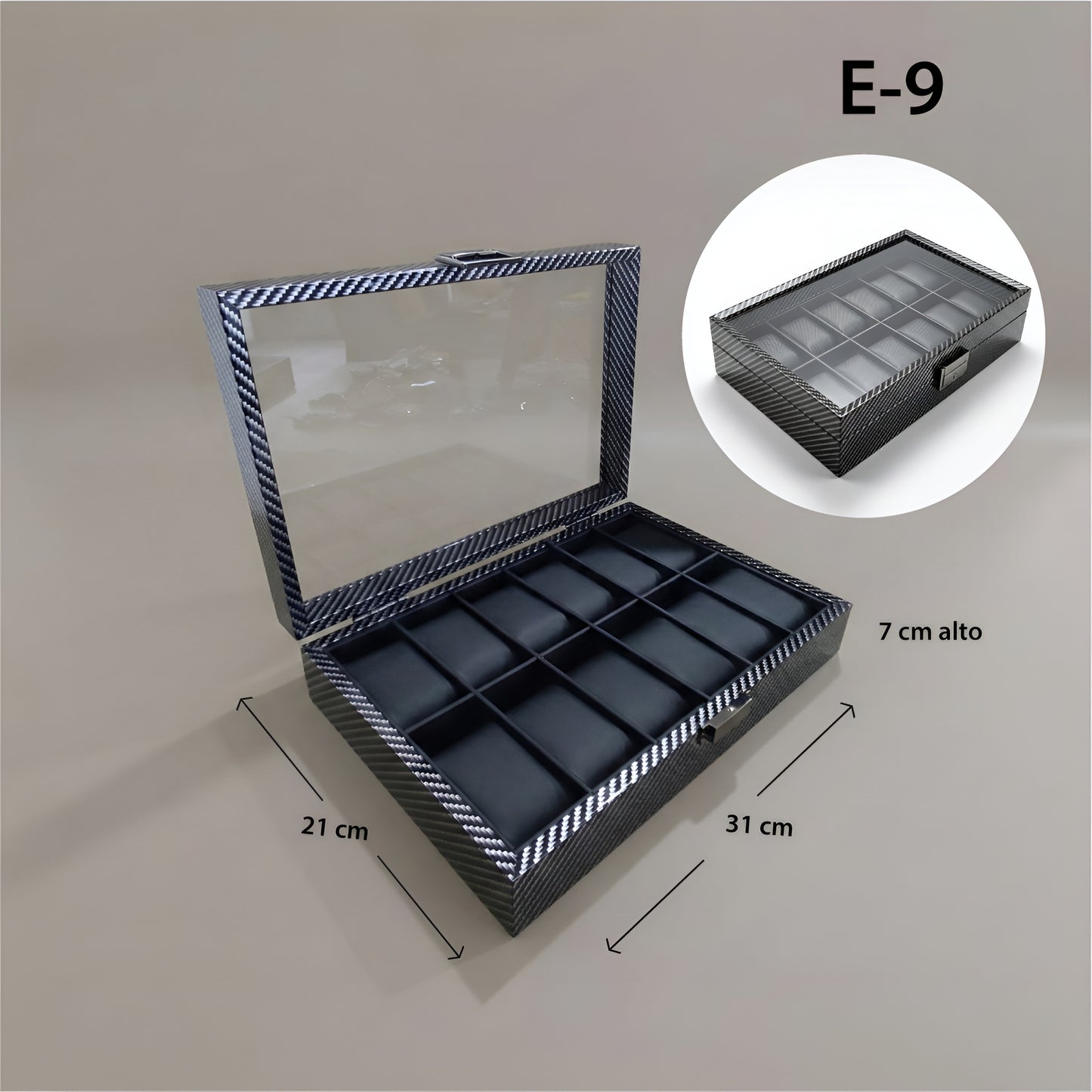 Relojera Estilo Fibra Carbono 12 puestos - Tapa de Vidrio y Forro de Sintético RE12-CBN