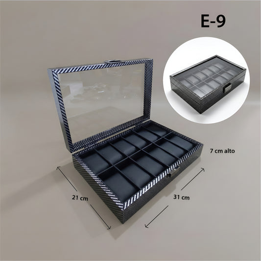 Relojera Estilo Fibra Carbono 12 puestos - Tapa de Vidrio y Forro de Sintético RE12-CBN