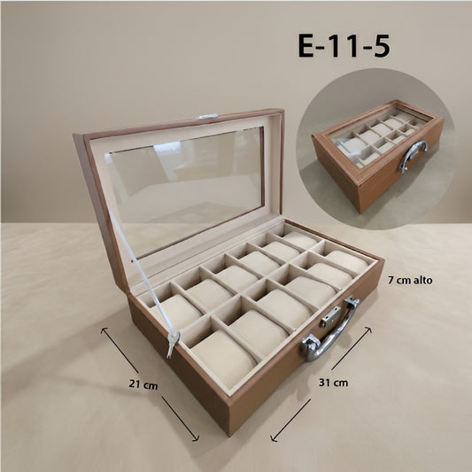 Relojera Sintético Café 12 puestos - Tapa de Vidrio y Forro de Terciopelo RE12-CF