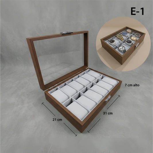 Relojera Sintético Estilo Madera 12 puestos - Tapa de Vidrio y Forro de Terciopelo RE12-MD