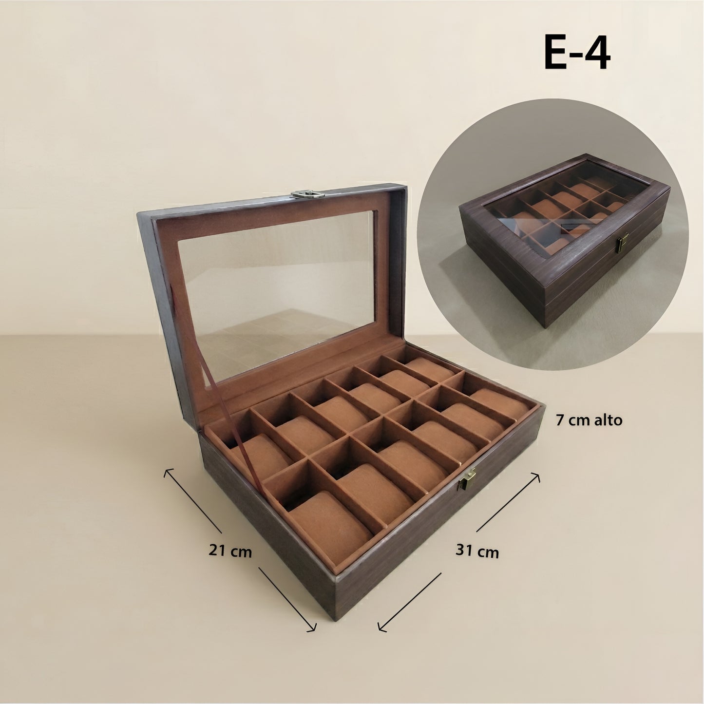 Relojera Sintético Estilo Madera 12 puestos - Tapa de Vidrio y Forro de Terciopelo RE12-WD