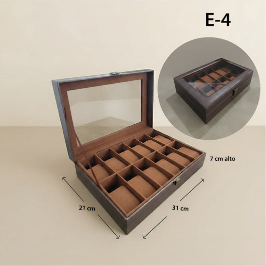 Relojera Sintético Estilo Madera 12 puestos - Tapa de Vidrio y Forro de Terciopelo RE12-WD