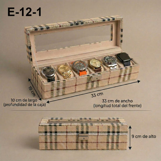 Relojera Sintético Estilo Burberry 6 puestos - Tapa de Vidrio y Forro de Terciopelo RE6-BU