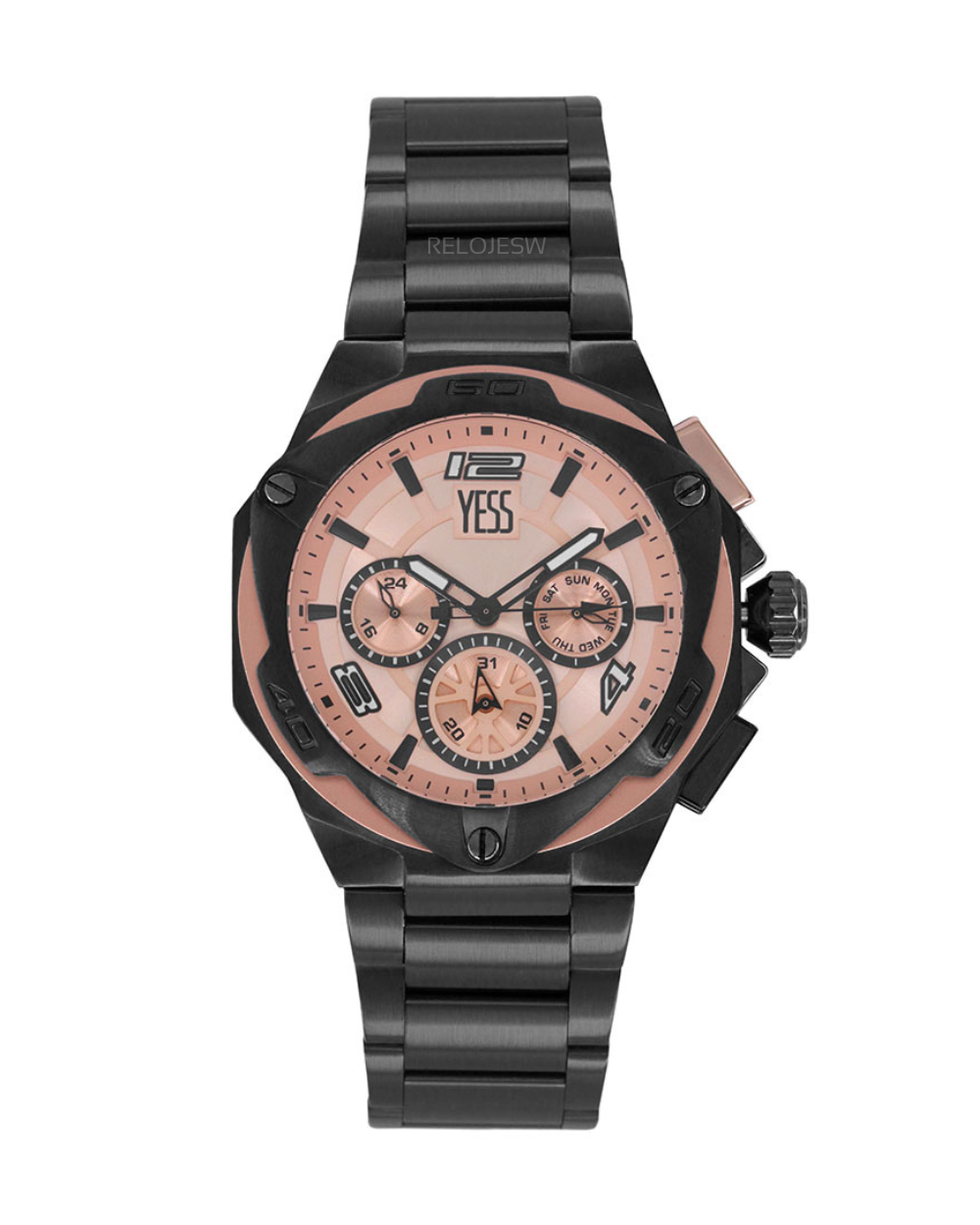 Reloj Yess Hombre Negro Oro Rosa Y23051-4