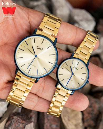 Reloj Q&Q Pareja Dorado Azul QZ00J810Y-QZ01J810Y